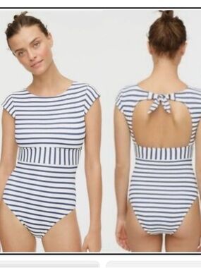 J crew cap sleeve one piece swimsuit navy white nautical retro